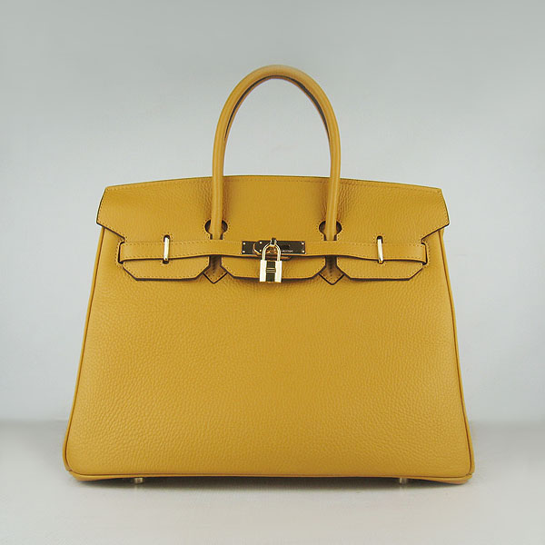 High Quality Fake Hermes 35CM Embossed Veins Leather Bag Yellow 6089 - Click Image to Close